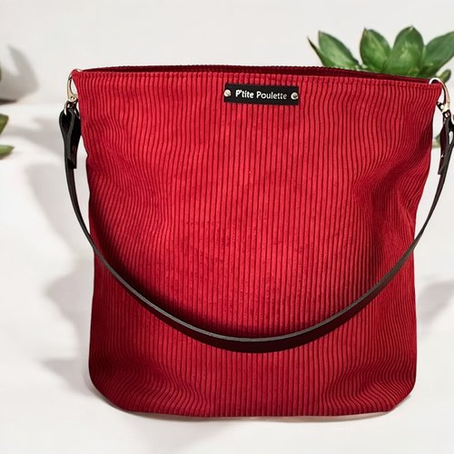 Sac cabas p'tite poulette collection en velours côtelé bordeaux- création artisanale française