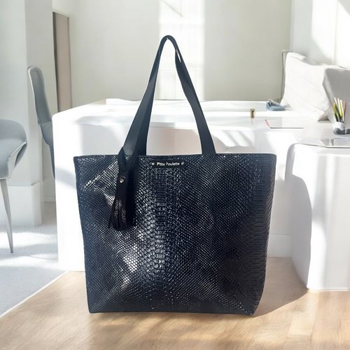 Sac cabas en simili cuir façon croco  navy: création artisanale française