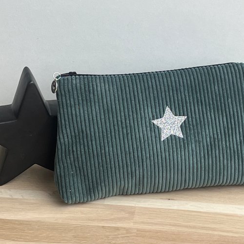 Trousse en velours côtelé bleu - trousse à maquillage avec étoile scintillante, création artisanale française