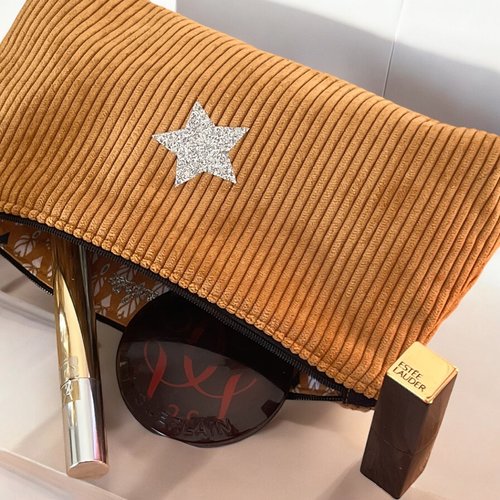 Trousse en velours côtelé camel - trousse à maquillage avec étoile scintillante, création artisanale française