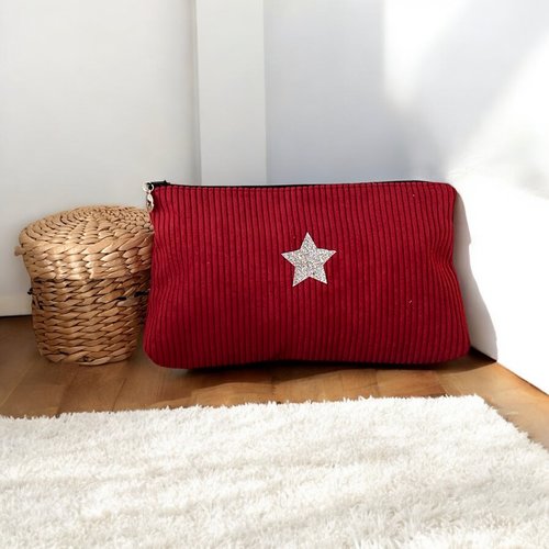 Trousse en velours côtelé bordeaux avec étoile scintillante-création artisanale française
