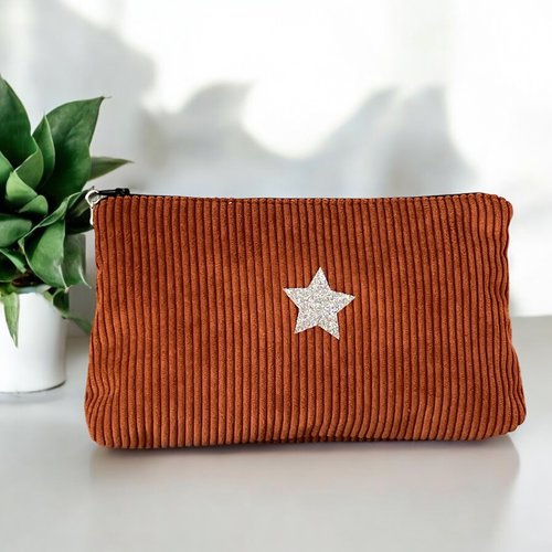 Trousse en velours côtelé terracota avec étoile scintillante- création artisanale française