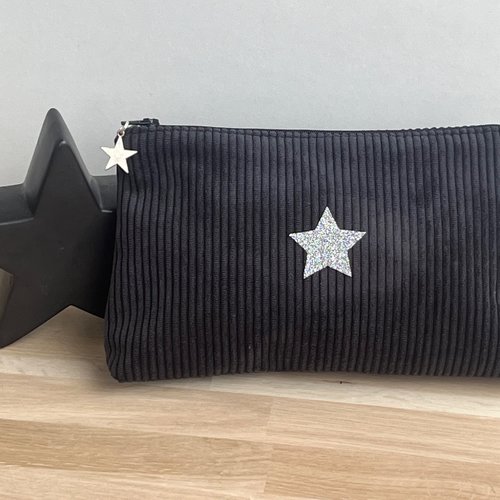 Trousse en velours côtelé noir avec étoile scintillante- création artisanale française