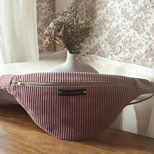 Sac banane en velours côtelé rose poudré- création artisanale française