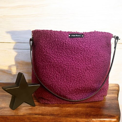 Sac cabas en bouclette rose et anse en cuir-création artisanale française