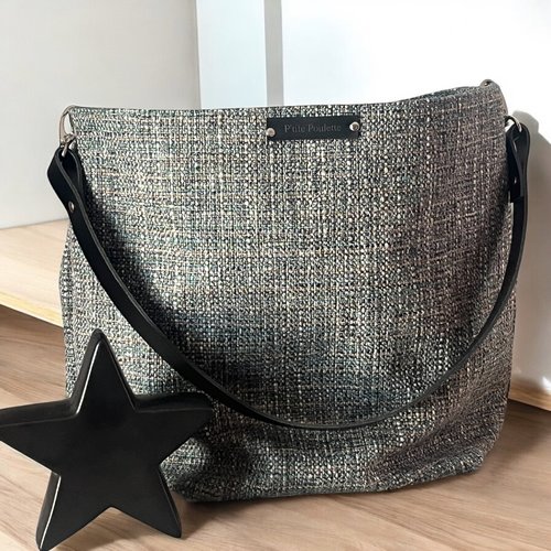 Sac cabas porté épaule en tweed bleu et anse en cuir noir