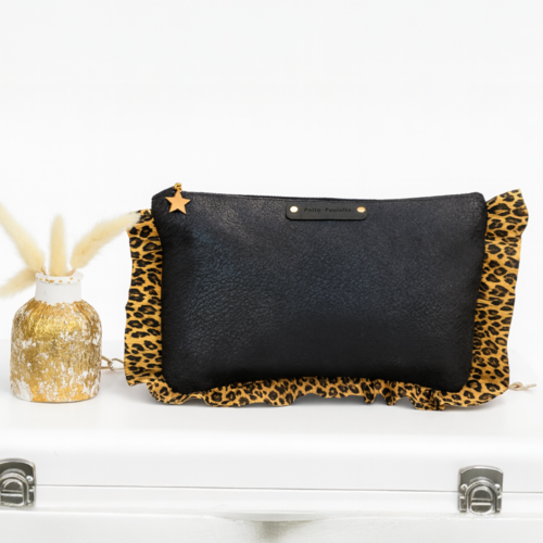 Sac à main so cut en simili cuir noir et tissu léopard – création artisanale française p’tite poulette