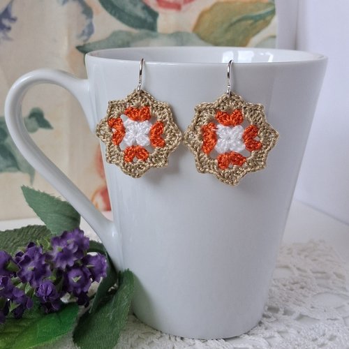 Boucles d'oreilles granny octogone 3 couleurs crochet fait main