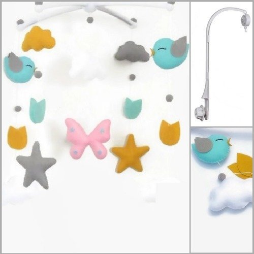 Mobile Musical Lit Bebe Fille Ou Garcon Coffret Cadeau Boite Musicale Et Support Pour Le Lit Decoration Oiseaux Nuages Etoiles Un Grand Marche