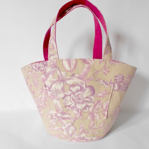 Cabas en toile de jouy tons beige et mauve