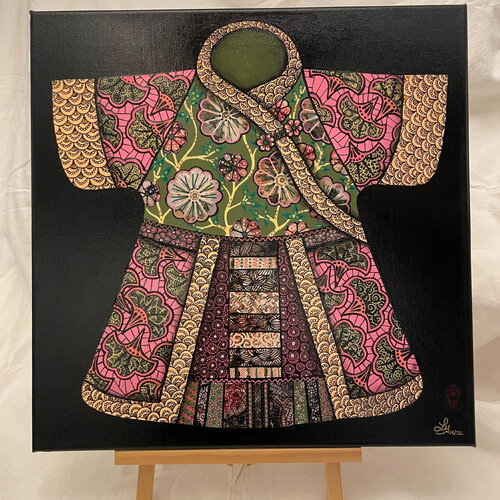 Habit d'inspiration chinoise -  peinture sur toile et collage
