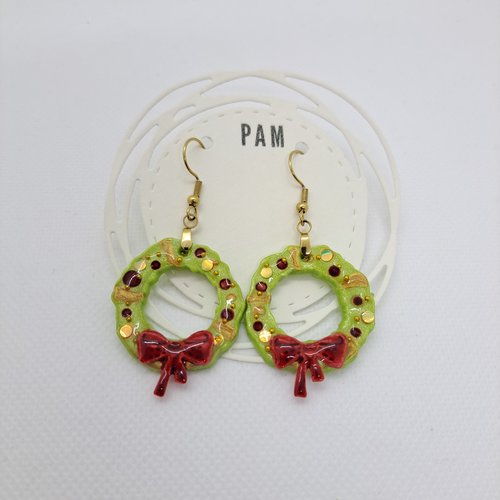 Boucles d'oreilles couronne de noël - vert et rouge