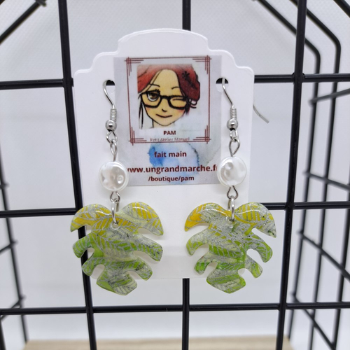 Boucles d'oreilles feuilles de monstera - jaune et vert clair