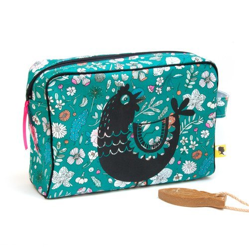 Trousse De Toilette Bebe Enfant Fait Main Cadeau De Naissance Grande Ouverture Zippee Tissu Fleuri Vert Motif Poule 24x8x16 Cm Un Grand Marche