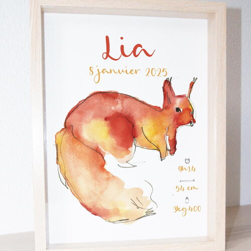 Affiche naissance personnalisée ecureuil | cadeau naissance écologique | illustration aquarelle