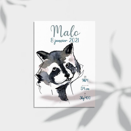 Affiche naissance personnalisée raton laveur | cadeau naissance écologique | illustration aquarelle