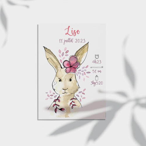 Affiche naissance personnalisée lapine fleurie | cadeau naissance écologique | illustration aquarelle