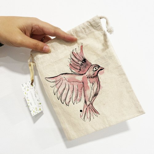 Pochon "oiseau rose" 20x15cm coton bio 155g/m² | illustration
