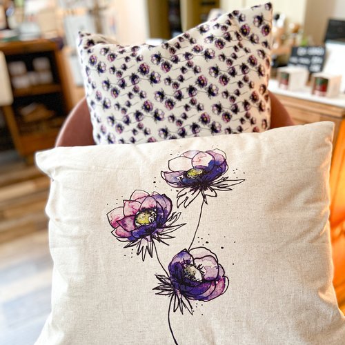 Housse de coussin "anémones" 50x40cm coton-lin & velours | illustration