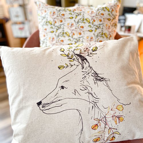 Housse de coussin "renard végétal" 50x40cm coton-lin & velours | illustration
