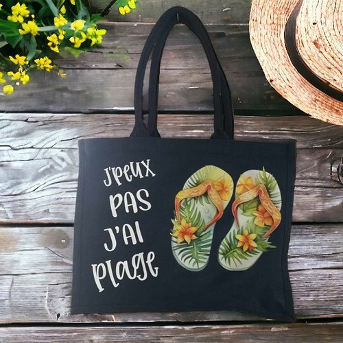 1 sac de plage en toile jute " j' peux pas j'ai plage "