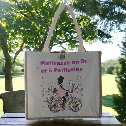 1 sac en toile jute " maitresse en or et à paillettes "