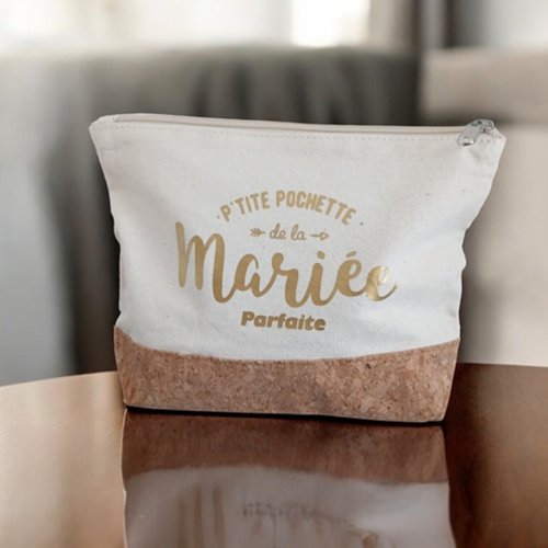 1 pochette ou trousse de maquillage en toile jute  " petite pochette de la mariée parfaite "