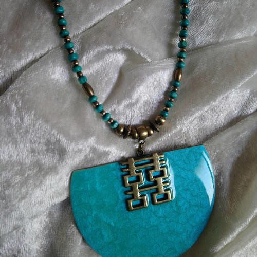 Bijoux fait main,collier long lagon turquoise bronze bohème chic  en métal et bois résiné sur perles,création unique,bijoux ethniques