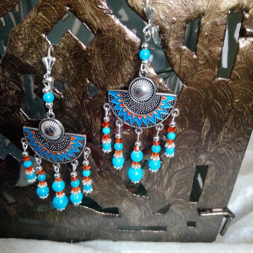 Boucles d'oreilles demi lune multicolore de style ethnique turquoise argenté