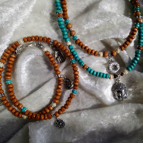 Collier bouddha assorti de son bracelet marron turquoise double rangs ,créations bijoux fait main, perles bois et métal
