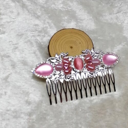 Accessoire de coiffure, grand peigne décoratif douceur rose argenté, métal strass et céramique