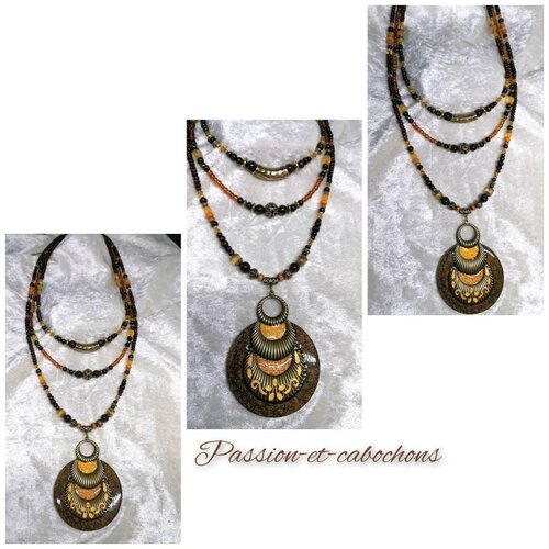 Collier ethnique long multi rangs marron orangé, gros pendentif en bois résiné, créations bijoux uniques