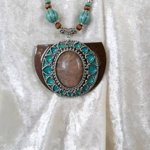Bijoux uniques, collier marron turquoise argenté, gros pendentif en métal et bois resiné, abalone