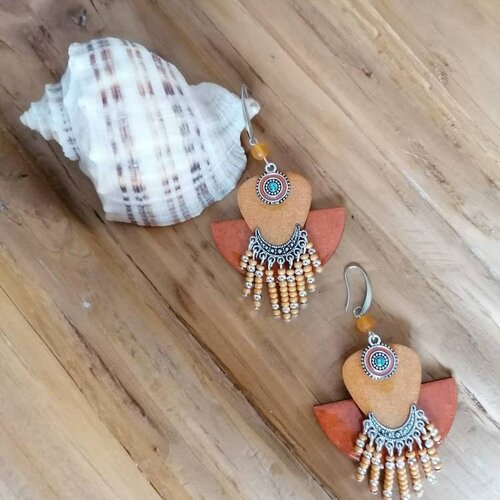 Boucles d'oreilles camaïeu orange argenté, perles métal et bois resiné