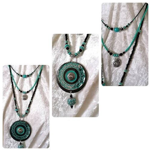 Collier turquoise anthracite argenté, multi rangs, gros pendentif, bijoux uniques fait main