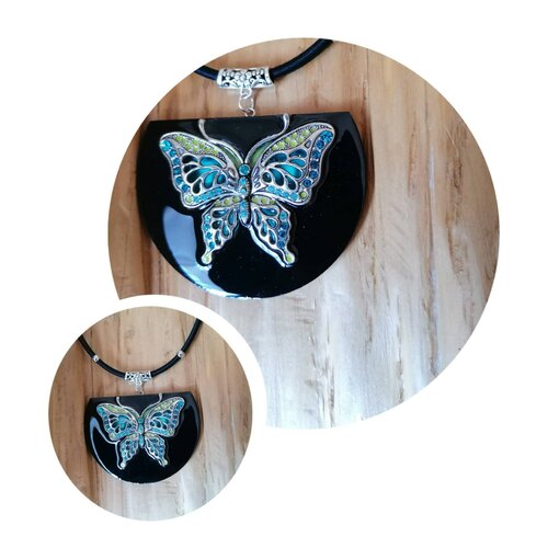 Collier papillon noir multicolore argenté, grand pendentif fait main