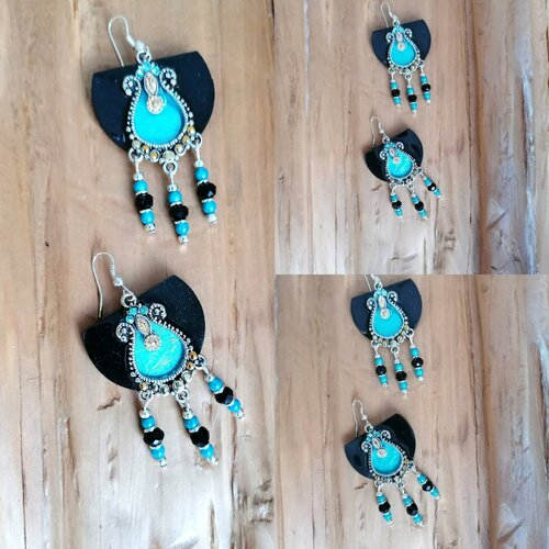 Boucles d'oreilles pendantes noires turquoise en métal et bois, bijoux uniques fait main