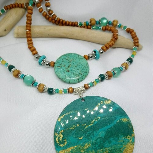 Collier turquoise émeraude esprit bohème, création unique fait main