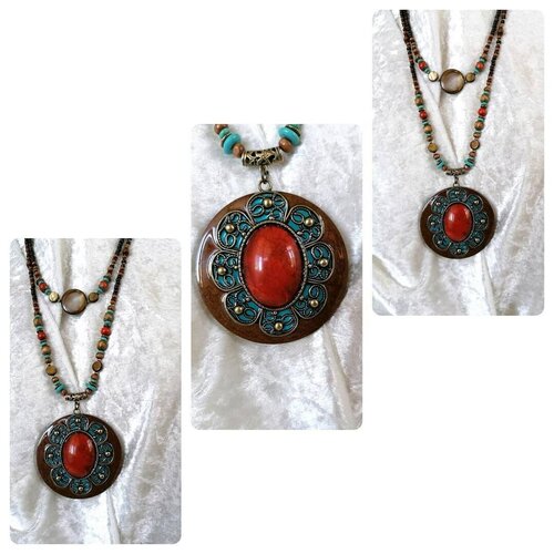 Bijoux créations, collier marron corail, abalone et perles sur gros pendentif, esprit bohème, bijoux uniques fait main