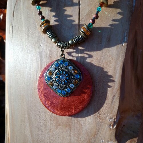 Collier ethnique chic cuivré turquoise en métal strass sur bois résiné fait main,parure bijoux ethnique ,collier bracelet