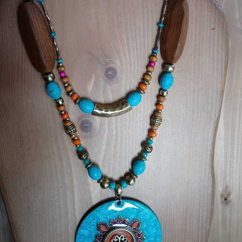 Collier long de style ethnique turquoise bronze ,perles pierre,bronze poli et bois,
