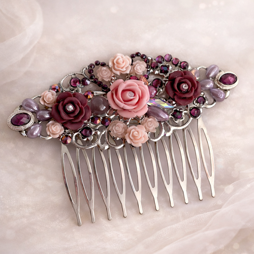 Peigne décoratif unique bohème romantique prune argenté