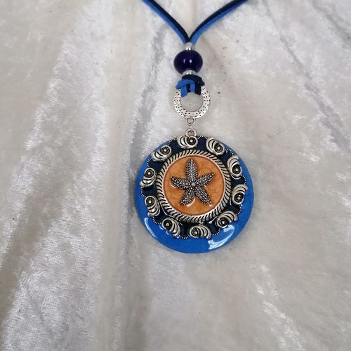 Bijoux créations, bleu azur, collier réglable, pendentif au bord de la mer, bleu argenté, étoile de mer
