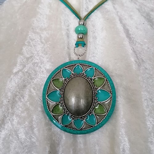 Bijoux créations uniques, collier réglable, grand pendentif camaïeu turquoise vert, bijoux fait main