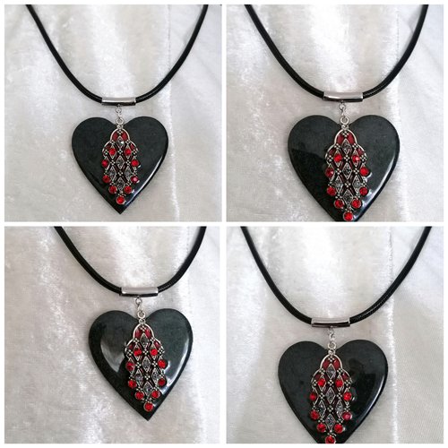 Bijoux cœur,collier ras de cou, pendentif anthracite, avec strass, bijoux créations uniques