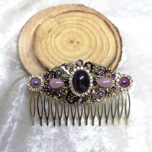 Peigne décoratif, accessoire coiffure prune et bronze, agate et strass cristal