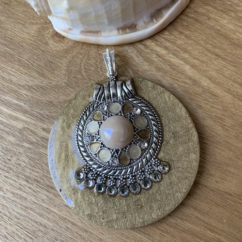 Gros pendentif 65 mm beige argenté en bois et cristal