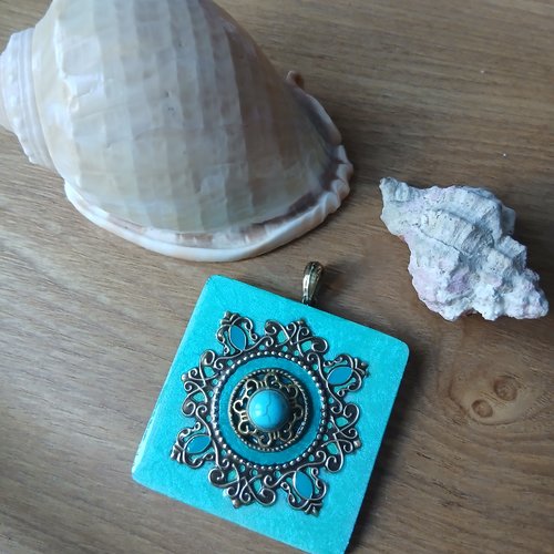 Pendentif carré turquoise bronze pour créations bijoux