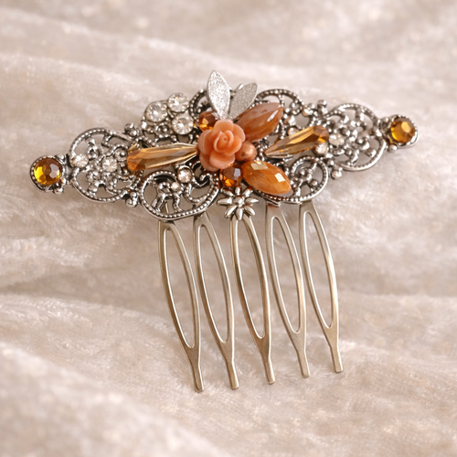 Peigne décoratif éclats orange argenté floral