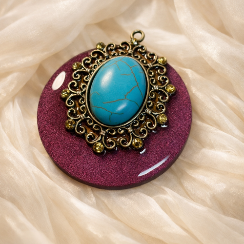 Pendentif esprit vintage prune intense et turquoise bronze